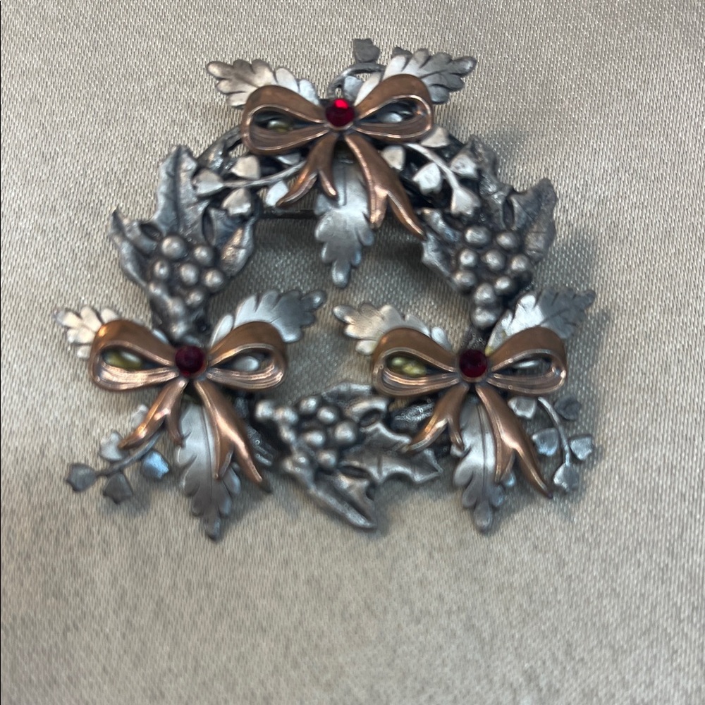 Kerissa Vintage Silver & Rose Gold Holiday Wreath Brooch with Red Accents